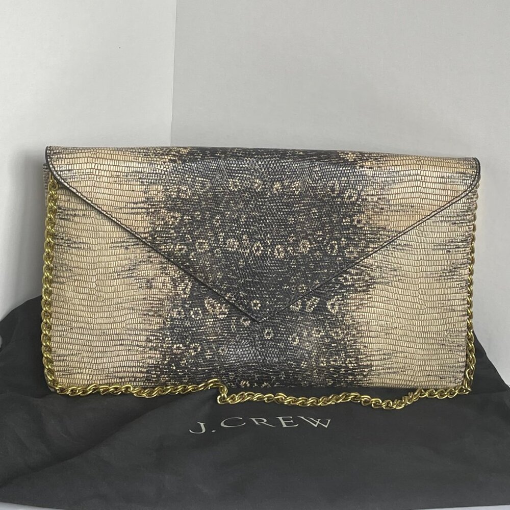 J.Crew Envelope Clutch Shoulder Bag Black Animal Print Chain